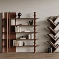 Modern Wooden Bookshelves With Decorative Vases And Stacked Books