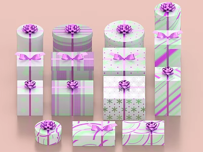 Decorative Ornament Set With Various Gift Boxes Purple Bows And Different Patterns 3d model