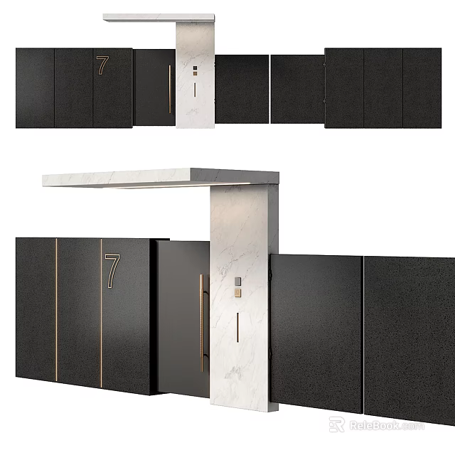 Modern Black Main Gate Design With Gold Accents And Marble Columns Featuring Number 7 3d model 