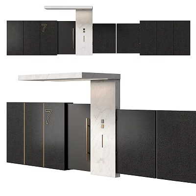 Modern Black Main Gate Design With Gold Accents And Marble Columns Featuring Number 7 3d model