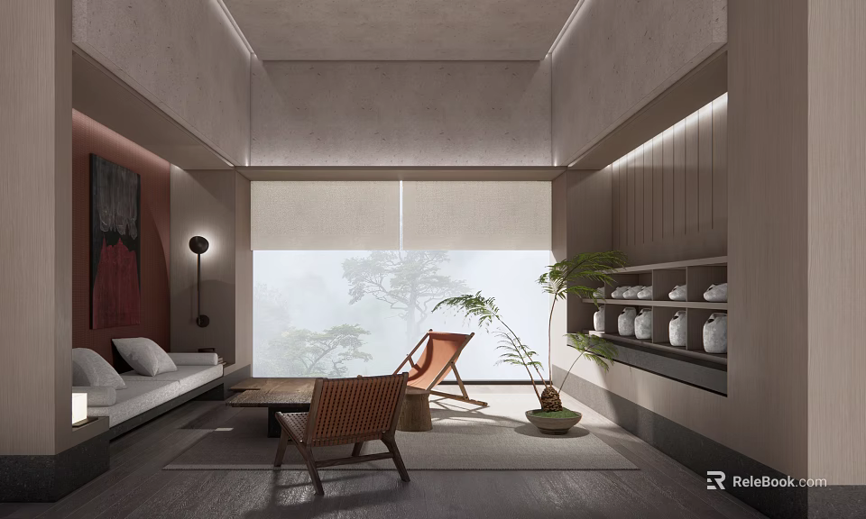 Serene Modern Lounge Area With Comfortable Seating And Natural Light 3d model 