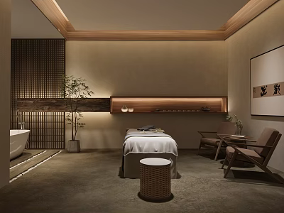 Tranquil SPA Room With Massage Bed Wooden Shelves And Bathtub 3d model