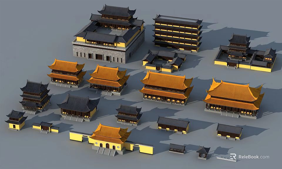Ancient Chinese Architecture Models With Traditional Roof Styles And Courtyard Layouts 3d model 