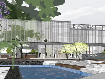 Modern Sales Office Building With Glass Curtain Wall Greenery Water Features And Steps 3d model
