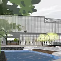 Modern Sales Office Building With Glass Curtain Wall Greenery Water Features And Steps