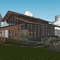 Traditional Modern Guesthouse Building Featuring Tiled Roof Large Glass Windows Stone Walls And Green Lawn
