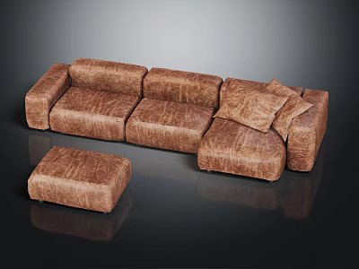 Brown Upholstered Modular Sofa Set with Sectional Design and Matching Ottoman 3d model