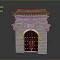 Traditional Chinese Ancient Gate With Green Tile Roof Stone Wall And Red Wooden Door