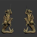 Woman Statues In Golden Finish Riding Mythical Creatures With Fish Tails And Spears