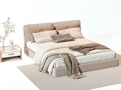 Modern Double Bed with Upholstered Headboard Pillows Blankets Wooden Nightstand Vase Plant on Soft Rug 3d model