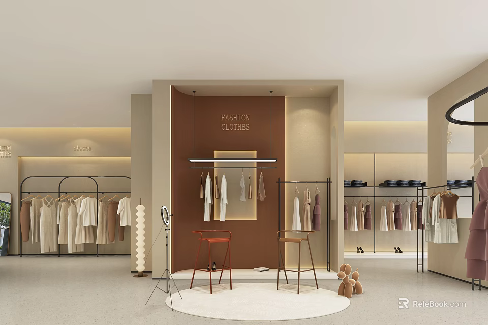 Modern Clothing Store Interior With Fashion Collection Display Area Mannequins Hanging Clothes Chairs Round Rug 3d model 
