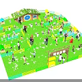 Bird's Eye View of Pet Paradise with Dogs People Playground Huts and Green Lawn