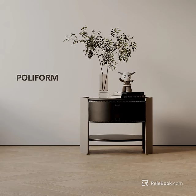 Modern Bedside Table With Drawer Shelf Vase Plant Figurine And Books 3d model 