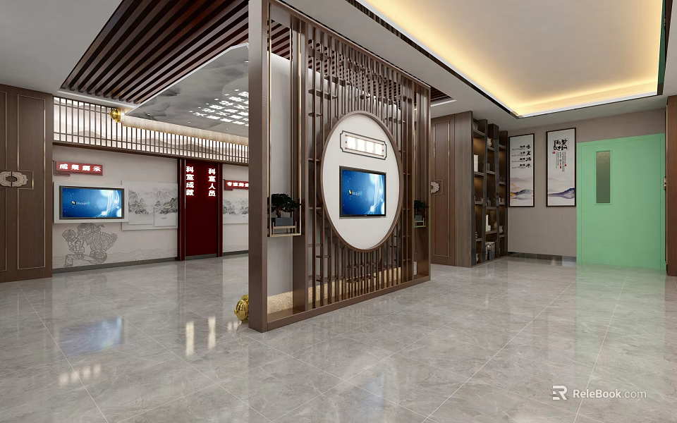 Chinese Style Lobby Interior With Wooden Screen TV Bookshelf And Green Door 3d model 