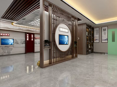 Chinese Style Lobby Interior With Wooden Screen TV Bookshelf And Green Door 3d model
