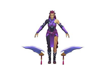 Purple Haired Game Movie Character With Purple Black Outfit And Two Purple Blades 3d model