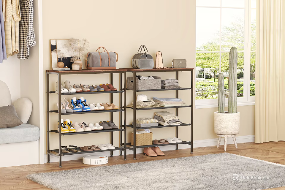 Multi Tiered Shoe Rack With Various Shoes Handbags And Storage Boxes In Living Room 3d model 