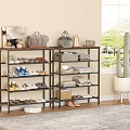 Multi Tiered Shoe Rack With Various Shoes Handbags And Storage Boxes In Living Room