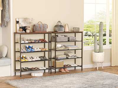 Multi Tiered Shoe Rack With Various Shoes Handbags And Storage Boxes In Living Room 3d model