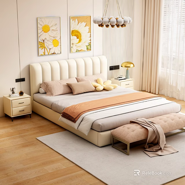 Cream Upholstered Double Bed Featuring Beige Pink Pillows Orange Gray Linens Sunflower Paintings Bedside Tables 3d model 