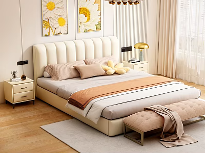 Light Luxury Bed Solid Wood Bedding Double Bed 3d model