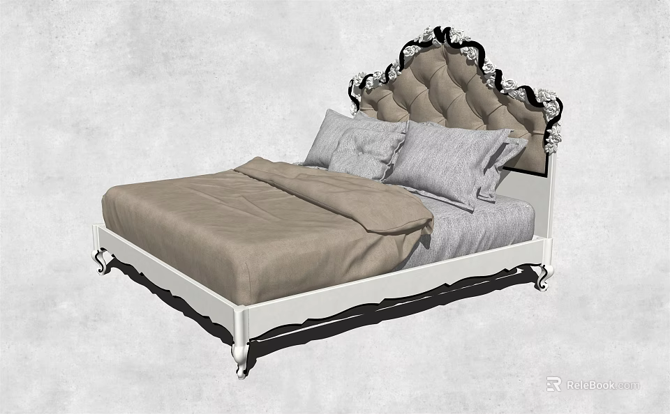 Elegant Classic Double Bed With Tufted Carved Headboard White Frame Beige Bedding And Gray Pillows 3d model 