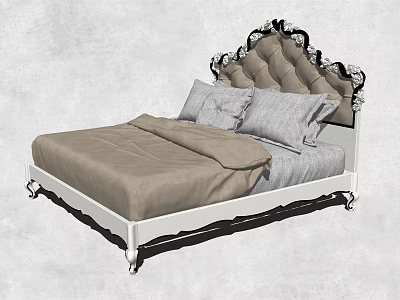 Elegant Classic Double Bed With Tufted Carved Headboard White Frame Beige Bedding And Gray Pillows 3d model