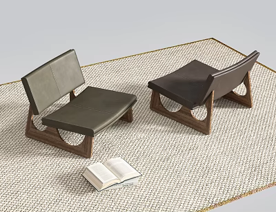 Modern Leather Leisure Chairs With Wooden Frame And Open Book On Textured Living Rug 3d model