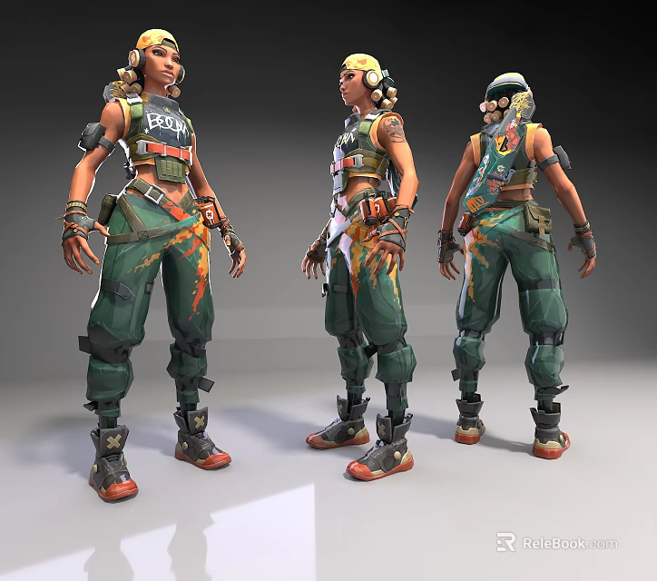 Game and Movie Character with Tactical Outfit Green Pants Orange Flame Patterns and Protective Gear 3d model 