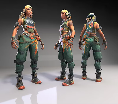 Game and Movie Character with Tactical Outfit Green Pants Orange Flame Patterns and Protective Gear 3d model