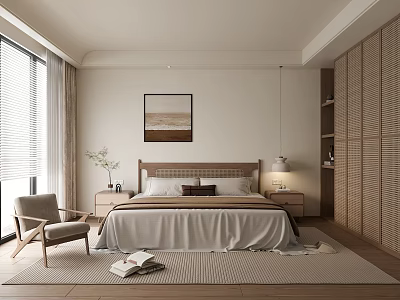 Modern Minimalist Bedroom Interior Design With Wooden Bed Wall Art Nightstand Lamp And Armchair 3d model