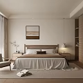 Modern Minimalist Bedroom Interior Design With Wooden Bed Wall Art Nightstand Lamp And Armchair
