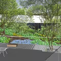Garden Landscape Design With Lush Trees Walkway Railings And Paved Ground