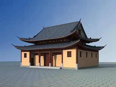 Traditional Ancient Chinese Architecture With Curved Eaves Yellow Walls And Red Doors 3d model
