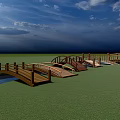 Various Styles of Wooden Bridges Over Water in Green Grass Landscape