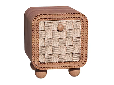 Natural Wood Nightstand With Wicker Drawer Panel Round Knob And Legs 3d model