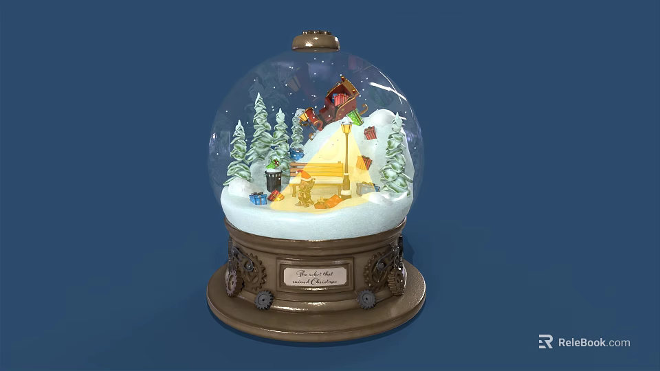 Decorative Snow Globe With Snow Scene Small House Trees And Wooden Base 3d model 