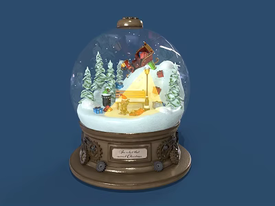 Decorative Snow Globe With Snow Scene Small House Trees And Wooden Base 3d model