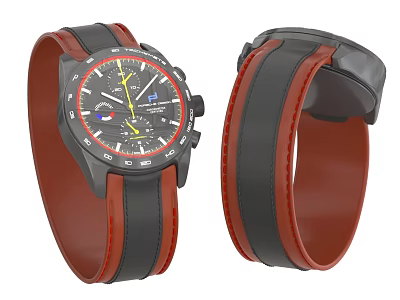 Black and Red Leather Strap Wristwatch with Multicolor Dial and Detachable Strap 3d model