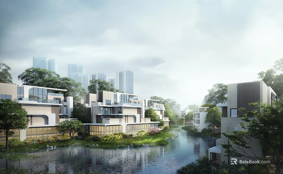 Serene Residential Landscape With River Greenery Modern Houses And City Skyline 3d model 