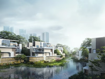 Serene Residential Landscape With River Greenery Modern Houses And City Skyline 3d model