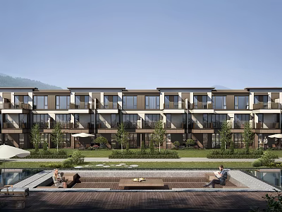 Modern Townhouses With Outdoor Lounge Pool And Greenery 3d model