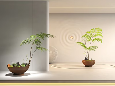 Modern Interior With Soft Lighting And Green Leaf Potted Plants In Brown Ceramic Pots 3d model