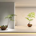 Modern Interior With Soft Lighting And Green Leaf Potted Plants In Brown Ceramic Pots