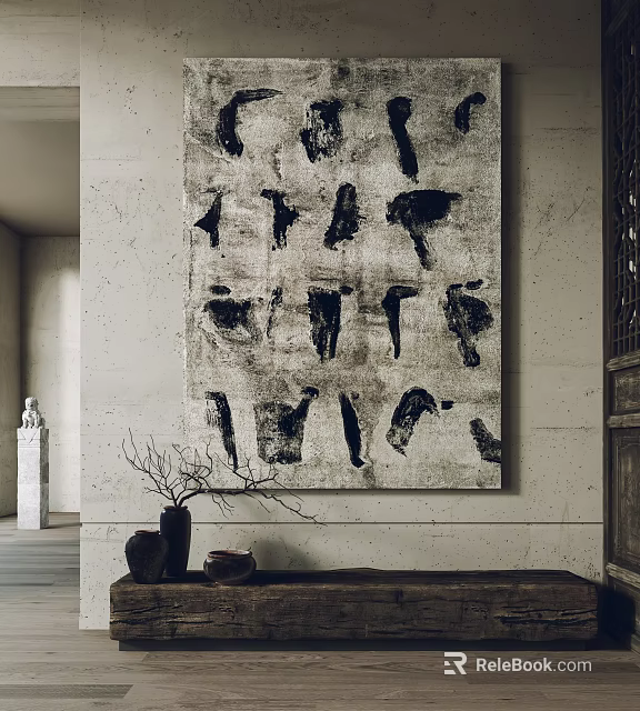 Abstract Painting Black White Textured Artwork In Minimalist Interior Wall Decor 3d model 