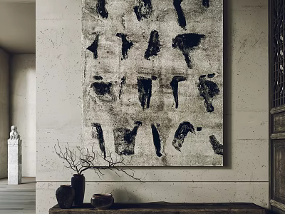 Abstract Painting Black White Textured Artwork In Minimalist Interior Wall Decor 3d model