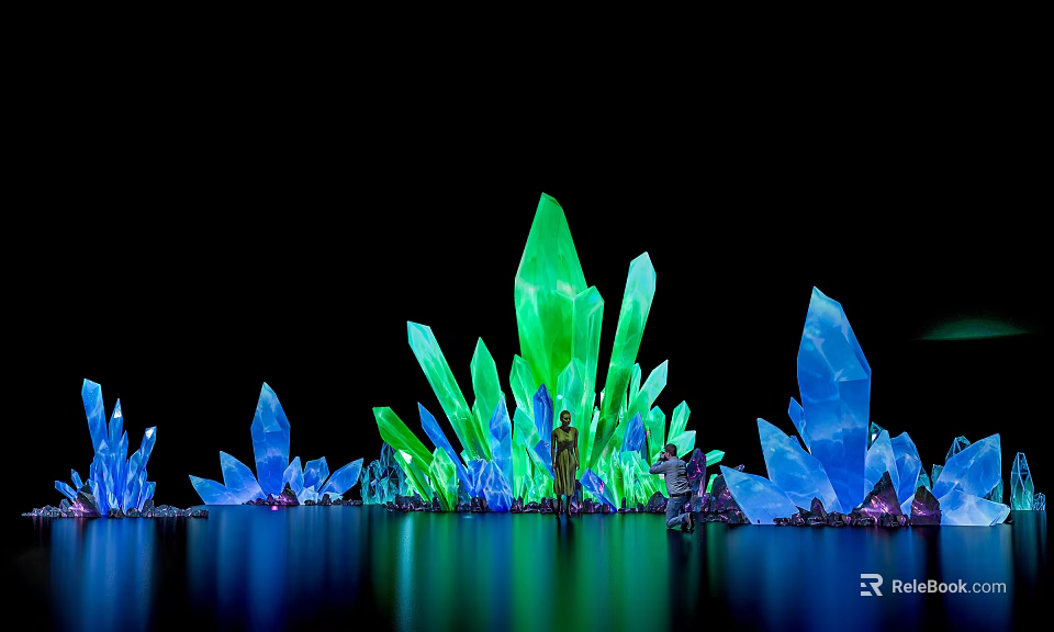 Floral Art Installation With Crystal Like Green Blue Structures And Water Reflection 3d model 