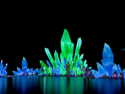 Floral Art Installation With Crystal Like Green Blue Structures And Water Reflection 3d model