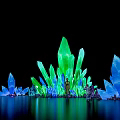 Floral Art Installation With Crystal Like Green Blue Structures And Water Reflection