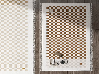 Square Rug With Brown White Checkerboard Pattern On Wooden Floor With Camera Items 3d model